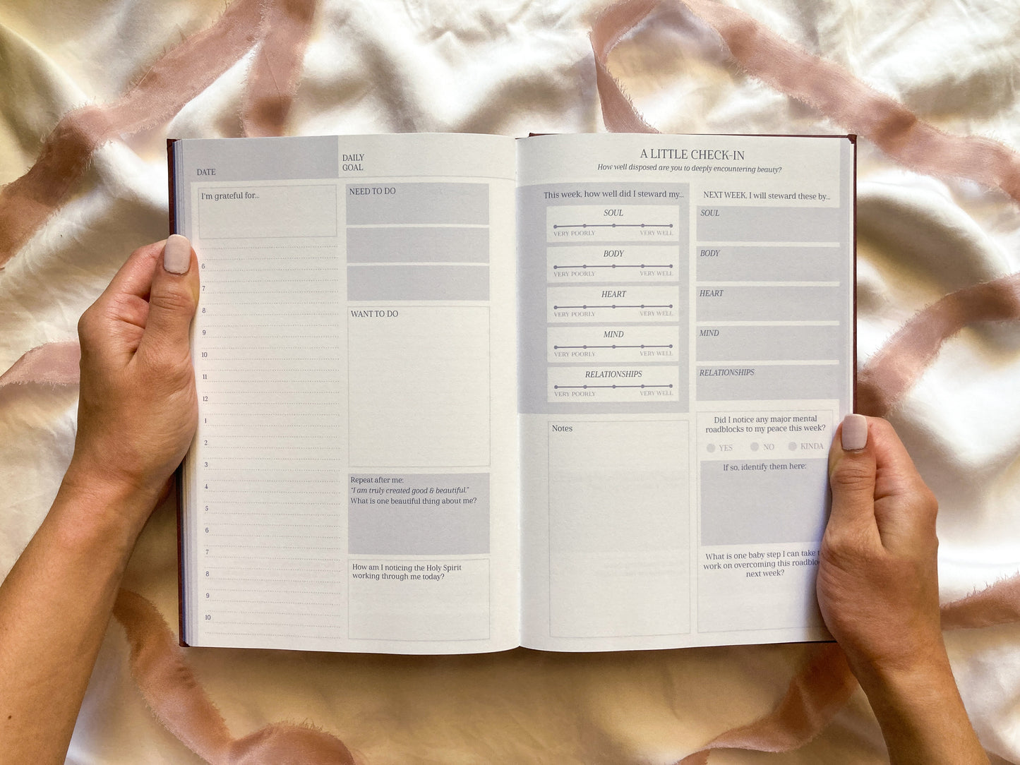 Image of Reawaken Planner daily page & check-in page. Spaces to check-in with how your whole person is doing & a space for notes.